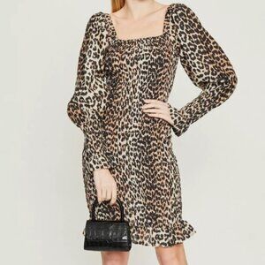 GANNI Silk-Blend Shirred Leopard Print Mini Dress